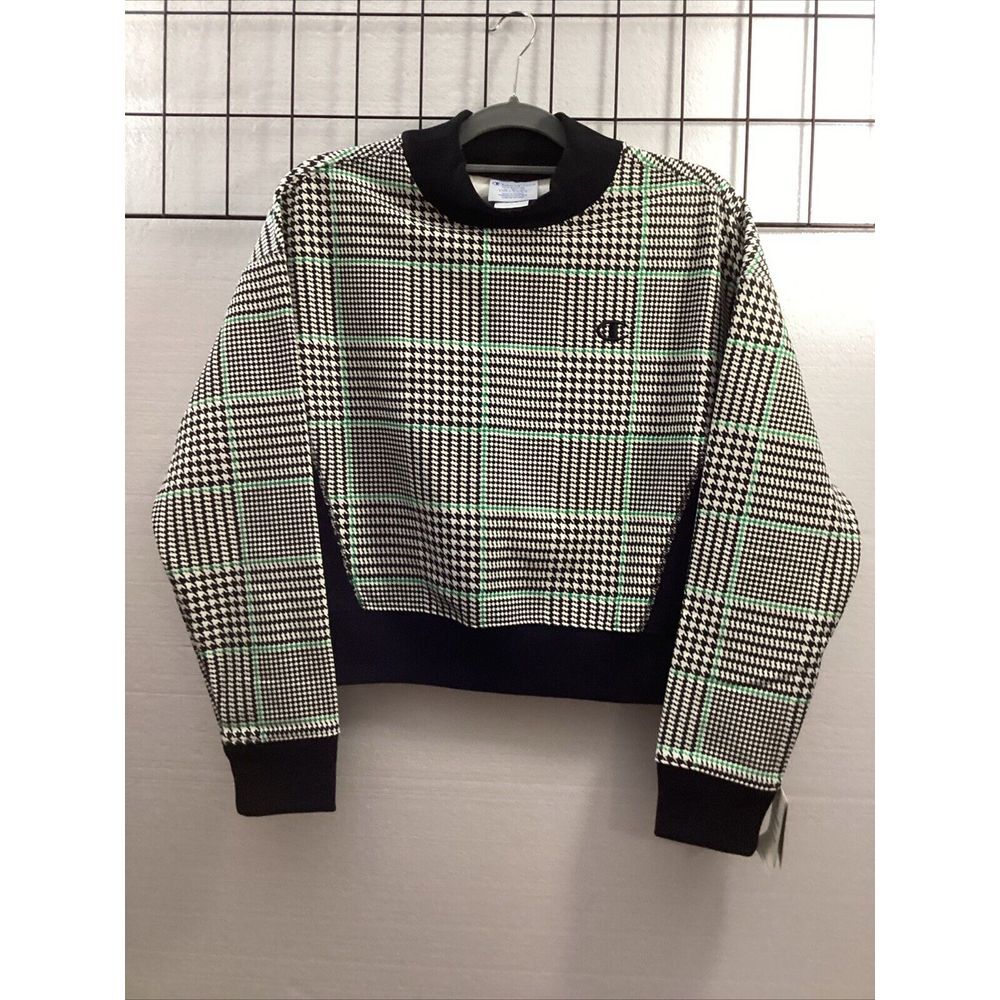 Champion Women M Sweatshirt White, Black, Green Plaid Cropped 56800